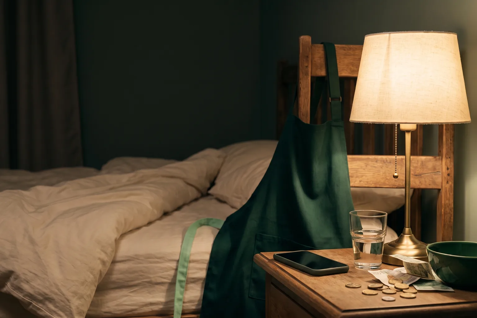 A bedside table at night with a phone face down, a warm lamp, a green apron over a chair and coins emptied from a pocket