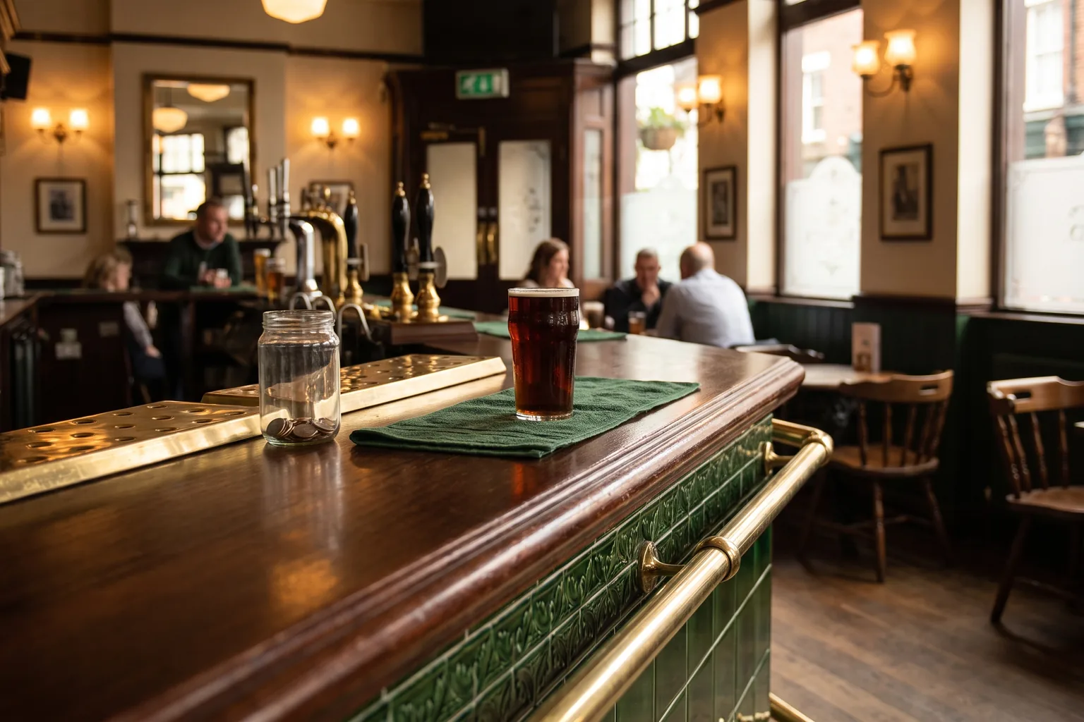 A traditional British pub bar with a glass tip jar, a pint of ale on a green bar towel, brass rail and green tiles