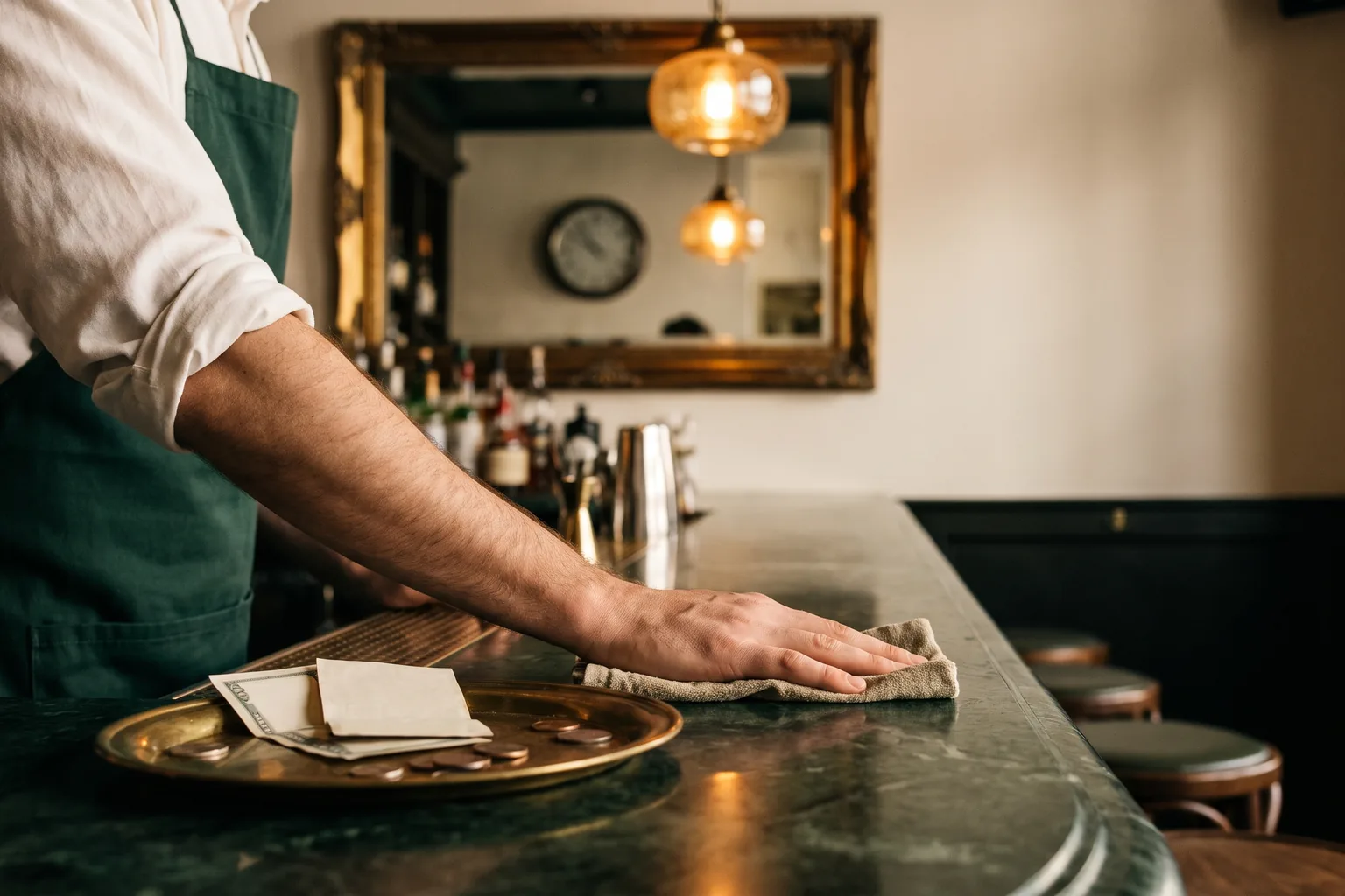A bartender in a green apron wiping down a dark marble bar beside a brass tray of folded notes and coins, a clock reflected in the mirror behind