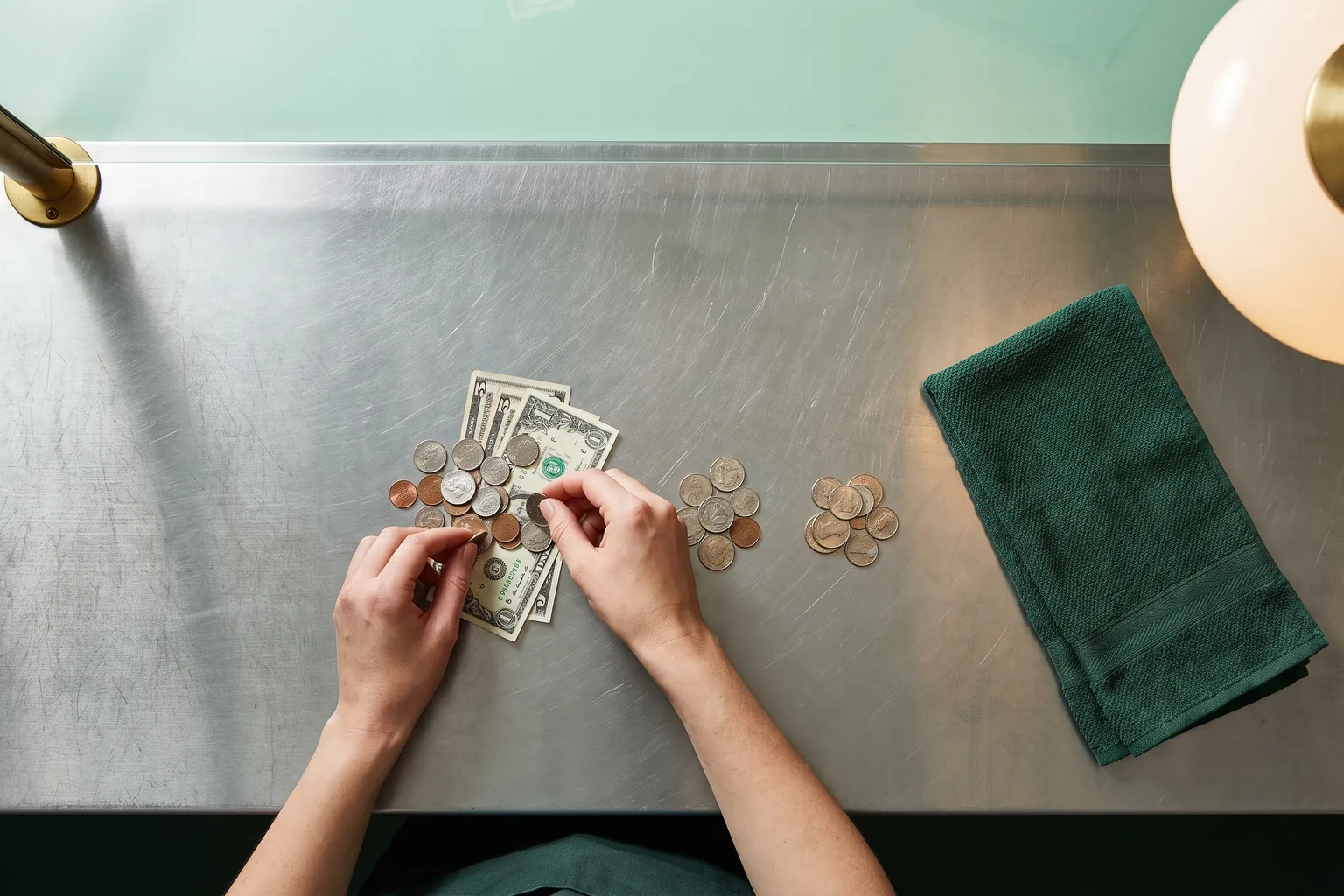 Overhead view of hands dividing coins and banknotes into three small piles on a steel restaurant counter beside a green bar towel