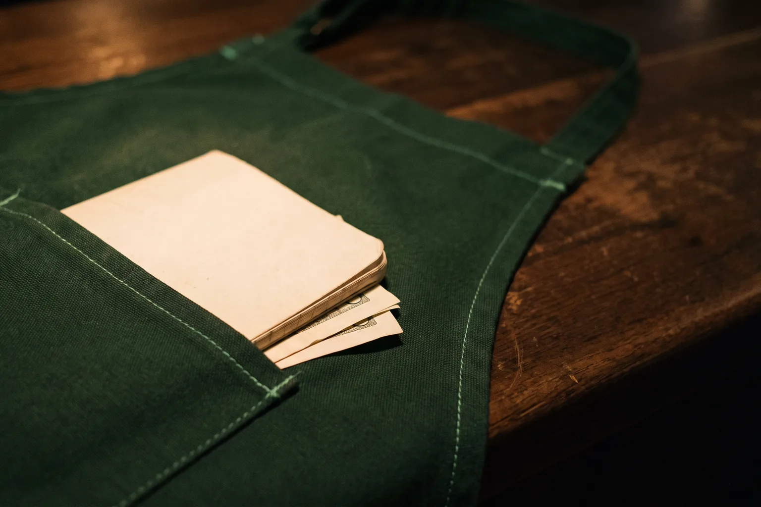 A server's green apron pocket holding folded banknotes and a small notebook on a wooden bar at closing time