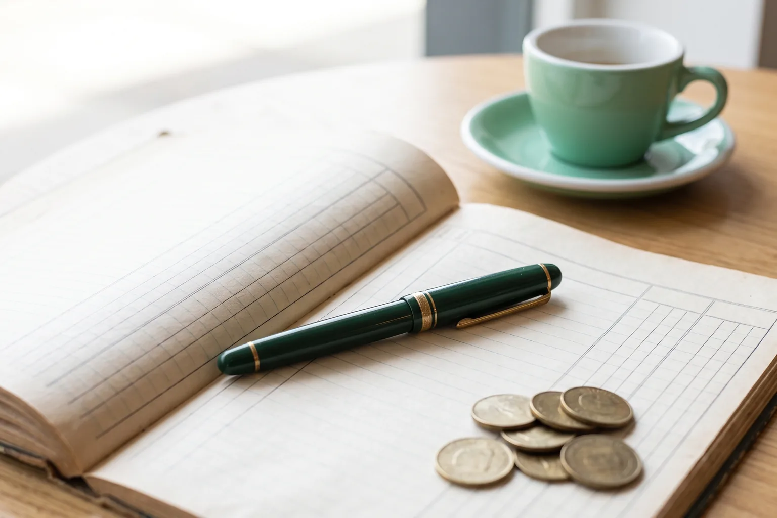 An open paper ledger with empty ruled columns, a green fountain pen and a few coins on a light oak café table beside a mint espresso cup