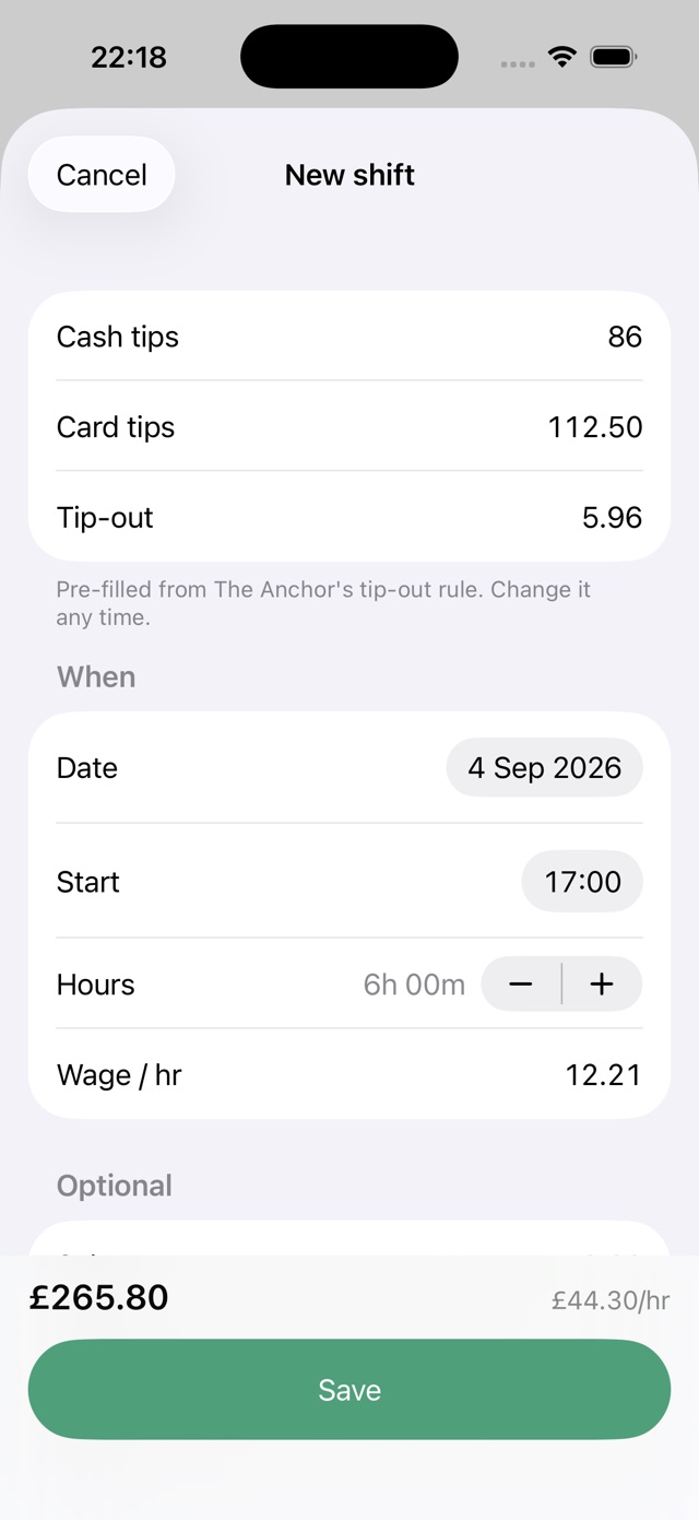 Tillside New Shift sheet with cash tips, card tips and a pre-filled tip-out, date, start time, hours and wage, and a live total at the bottom