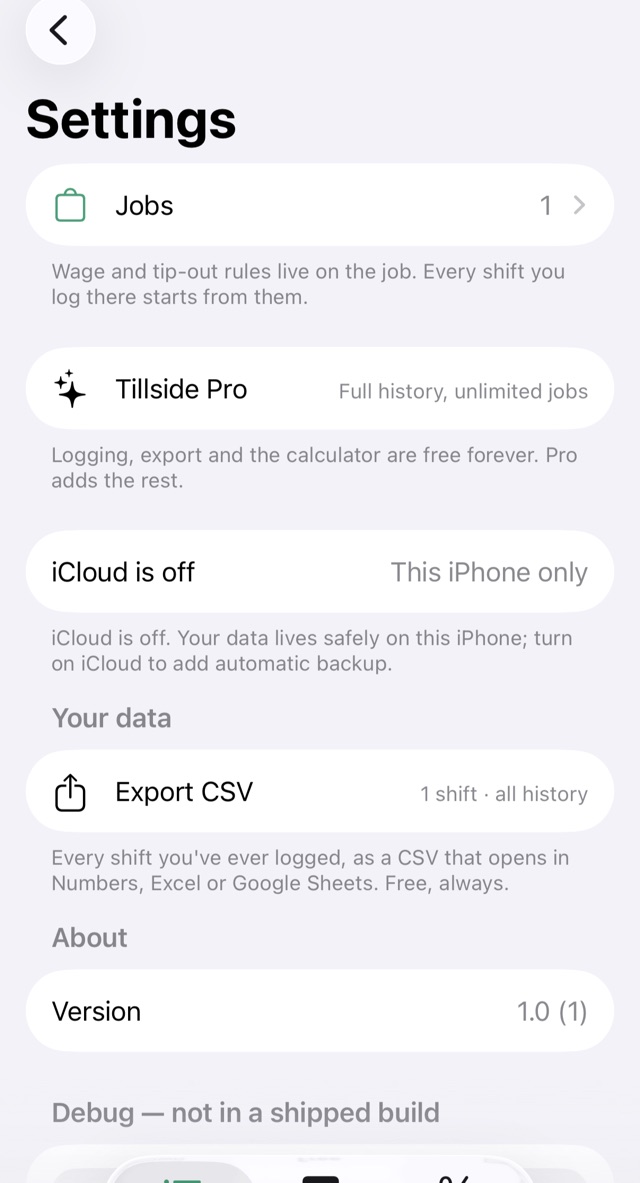 Tillside settings screen with the job, Tillside Pro, Export and Delete all data rows